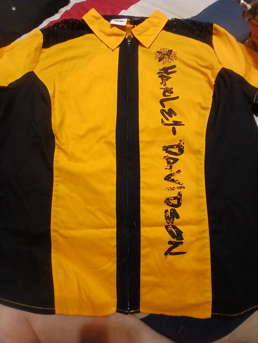Harley Davidson Yellow and Black Zip-Front  Shirt with Graphic Script